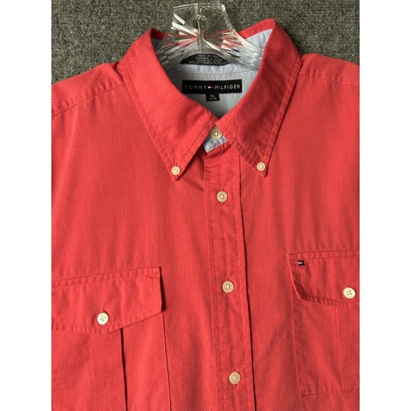Tommy Hilfiger Men’s Red Short Sleeve Button Up Shirt Size L Cotton Casual Colla - Picture 9 of 10